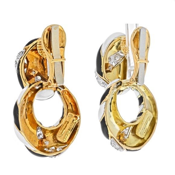 David Webb Platinum&Gold Black And White Enamel And Diamond Doorknocker Earrings - Picture 3 of 4